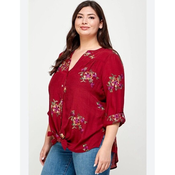 Anthropologie Fig and Flower Embroidered Tunic Top 3X Burgundy Floral Button up - Picture 1 of 10